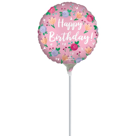 9" Pink Peony Happy Birthday Stick Balloon